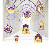 Ramadan Decorations, Kaluofan 24 PCS Eid Decorations, Foil Hanging Swirl Streams Ceiling Ramadan Decorations for Home Table, Ramadan Mubarak Decorations for Eid Party (Purple Gold Set)