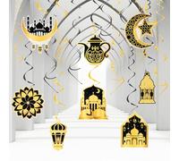 Ramadan Decorations, Kaluofan 24 PCS Eid Decorations, Foil Hanging Swirl Streams Ceiling Ramadan Decorations for Home Table, Ramadan Mubarak Decorations for Eid Party (Black Gold Set)