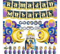 Ramadan Decorations Set for Home - Islamic Party Decor Kit with Balloons, Banners, Paper Glasses, Hanging Swirls, Cupcake Topper for Ramadan Party, Family Gatherings & Holiday Celebrations (Blue Gold)