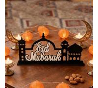 Ramadan Eid Mubarak Table Decorations - Wooden Tabletop Signs, Castle Shape Plaque Ornament, Black Wood Tiered Tray Centerpieces for Islamic Al-Fitr Eid and Ramadan Decor