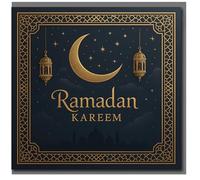Ramadan Kareem Greeting Card - Elegant Crescent Moon, Lanterns and Starry Night Islamic Design with Geometric Border