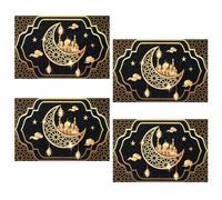 Ramadan Kareem Placemat Set of 4, Black Gold Eid Mubarak Moon Star Mosque Place Mats, Washable Linen Dining Table Place Mats for Islamic Muslim Iftar Party Kitchen Table Home Decoration, 12 x 18"