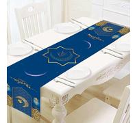 Ramadan Kareem Table Runner, Eid Mubarak Moon Star Lantern Dining Table Runners, Crescent Islamic Muslim Seasonal Holiday Kitchen Table Decoration for Indoor Outdoor Home Party, 14 x 72 Inch, Blue
