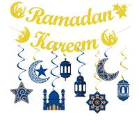 Ramadan Kareen Bunting Banner Gold Ramadan Mubarak Decorations Star Moon Lantern Hanging Streamers Ceiling Foil Swirls for Muslim Islamic Ramadan Kareem Eid Party Decoration Pre-Strung