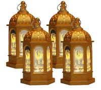 Ramadan Lantern, LED Ramadan Decorations for Home, Hanging Eid Mubarak Night Moroccan Style Candles Table Lamp Decor Muslims Indoor Party Wedding (4PCS Gold)