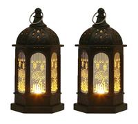 Ramadan Lantern, LED Ramadan Decorations for Home, Hanging Eid Mubarak Night Moroccan Style Candles Table Lamp Decor Muslims Indoor Party Wedding (2PCS Black)