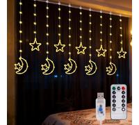 Ramadan Lights Decorations for Home,135 LED Star Moon Curtain Lights,Dimmable Twinkle Curtain Fairy Lights with Remote,Timer,8 Lighting Modes,Hanging Decor for Bedroom Window Holiday,Ramadan Gifts