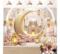 Ramadan Mubarak Backdrop for Photography 7x5FT Pink Flowers Islamic Muslim Lantern Gold Crescent Moon Castle Background Eid Mubarak Banner Decorations Photo Props