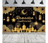 Ramadan Mubarak Banner 2025, Extra Large Fabric Eid Kareem Backdrop for Decorations, 72 x 44 Inch Star Moon Lanterns Castles Photo Booth Background for Islamic Muslim Al-Fitr Party Supplies