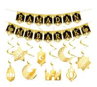 Ramadan Mubarak Banner Eid Decorations Moon Stars Garland Hanging Swirls Ramadan Mubarak Decorations Banner for Eid Festival Party Supplies, Ramadan Kareem Decor