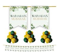 Ramadan Mubarak Decoration Set - 20pc Set Pack - with Buntings Flags Banners Balloons Partyware Decor Geometric (Green Leaves Floral 20pc Set)