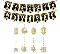 Ramadan Mubarak Garland Eid Decorations, Gold Ramadan Mubarak Banner Lantern Streamer Ramadan Hanging Decorations for Islam Festival Party Supplies, Ramadan Kareem Decor (Ramadan A)