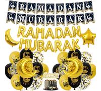 Ramadan Mubarak Party Decorations Banner - Black Gold Islamic Party Decorations Balloons Set with Cake Topper, Eid al-Fitr Letter Banners for Ramadan Celebrations and Hajj Welcome Home