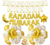 Ramadan Mubarak Party Decorations Banner - White Gold Islamic Party Decorations Balloons Set with Cake Topper, Eid al-Fitr Letter Banners for Ramadan Celebrations and Hajj Welcome Home