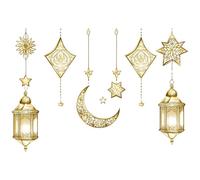 Ramadan Mubarak Wall Sticker, Retro Moon Star Art Decals, Gold PVC Window Sticker, 23.2 x 11.8 in / 59 x 30 cm, for Living Room, Walls and Windows Holiday Home Decor, Festive Gift
