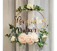 Ramadan Mubarak Wreaths, Artificial Pink Camellia Wreath Decorations for Front Door, Round Metal Hoop Floral Hanging Garland, for Wall Window Indoors Outdoor Farmhouse Decor