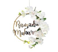 Ramadan Mubarak Wreaths Decorations, Artificial White Phalaenopsis Metal Hoop Floral Wreath, Eid Mubarak Garland Decor, for Farmhouse Door Wall Window Indoors Outdoor