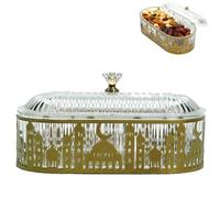 Ramadan Serving Trays with Clear Lids, Oval Date Platters for Eid Table Decor, Sturdy Iron Metal Islamic Candy Dish Islamic Gifts for Nut and Pastry Storage,Moon Castle Pattern Candy Dish (Gold)