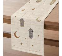 Ramadan Table Runner Tablecloth, Islamic Eid Star Moon Lantern Print Table Cover, Seasonal Summer Holiday Kitchen Dining Tables Decoration for Home Party Decor