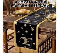 Ramadan Tablecloth-72 Inch Decorative Table Cloth in Green & Gold,Star Moon Mosque Decorative,Moon Star Wind Light Dining Table Runners,Islamic Muslim Decor for Home Room Dinning Table (h)