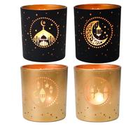 Ramadan Tealight Holders Black & Gold- 4-Pcs Cylinder Glass Votive Candle Holders - Eid Mubarak Table Decorations & Centrepieces - Islamic Gifts for Home & Prayer Room - Mosque, Moon & Star Decor