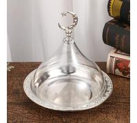 Ramadan Tray with Lid, Eid Mubarak Tray, Ramadan Decorative Round Serving Tray, Stainless Steel Ramadan Plate with Acrylic Transparent Lid, Ramadan Mubarak Tray for Dessert Pastry Snack (A Silver)