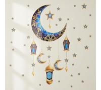 Ramadan Wall Stickers Eid Mubarak Decorations for Home Ramadan Stickers Blue Gold Moon Lantern Star Pattern Wall Stickers Decor for Living Room Bedroom Pegatinas para Pared