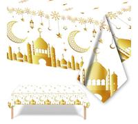 Ramadan White Table Cloth, Ramadan Table Cover Tablecloth, Ramadan Mubarak Table Cover, White Gold Eid Cloth Plastic Moon Star Tablecover for Ramadan Home Room Dinning Table Decor130*220cm