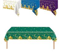 Ramadan White Table Cloth, Ramadan Table Cover Tablecloth, Ramadan Mubarak Table Cover, White Gold Eid Cloth Plastic Moon Star Tablecover for Ramadan Home Room Dinning Table Decor (Green)