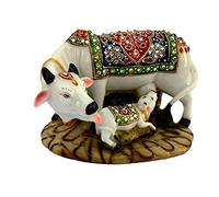 Ramashram Decorative Cow and Calf Statue for Pooja | Handicraft Home Decor Kamdhenu Cow & Calf | Vastu Gau MATA Idol with Stone Work for Home & Office (Multicolor, 5 Inch), Religious