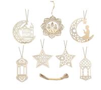 Ramdan Decorations, 7Pcs Wooden Pendant Eid Ramadan Decorations for Home, Ramadan Eid Mubarak Hanging Moon Star Wind Light Castle Shape Ornament Decorations