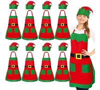 Ramede 16 Pcs Christmas Elf Apron and Hat Set, 8 Aprons and 8 Hats Elf Costume Kits (Adults,Red)