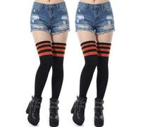 Ramede 2 Pairs Women's Three Stripes Thigh High Socks Extra Long High Thigh Socks Striped over Knee Long Opaque Stockings, Orange Wide Stripes, One size