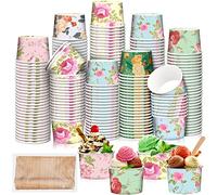 Ramede 240 Pcs/120 Sets Floral Ice Cream Cups with Spoons 8 oz Tea Party Treat Snack Cups Pink Disposable Dessert Cups for Wedding Dessert Bridal Shower Tea Party Supplies