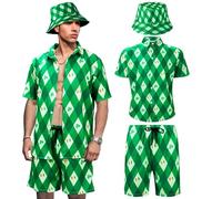 Ramede 3 Pieces Men's St. Patrick's Day Costume Clover Shirts and Shorts Set with Irish Hat Hawaiian Tracksuits for Men, Classic Colors, Medium