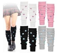 Ramede 4 Pairs Leg Warmers for Girls Kawaii Loose Knitted Leg Warmers Wool Cute Women Lolita Costume, Black, White, Pink, Gray, 1 Count (Pack of 4)