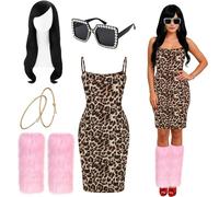 Ramede 5 Pcs Halloween Reality TV Personality Costume Accessories Leopard Dress Earrings Wig Leg Warmer Sunglasses Women, Multicolor, Large