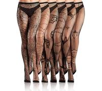 Ramede 6 Pairs Halloween Fishnet Thigh High Stockings Lace Tights Patterned Goth Fishnet Legging Web Pantyhose for Women, Black, L