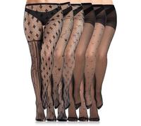 Ramede 6 Pairs Halloween Lace Tights Patterned Fishnet Thigh High Stockings Waist Bow Goth Leggings Tight Pantyhose for Women, Black, S-M
