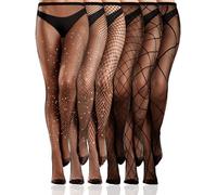 Ramede 6 Pairs Rhinestone Fishnet Stockings for Women Thigh High Waist Sparkly Tights Mesh Glitter Pantyhose for Halloween(Rhinestone Black,M)