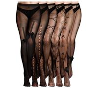 Ramede 6 Pairs Women Fishnet Thigh High Stockings Waist Tights Bow Patterned Goth Fishnet Leggings Pantyhose for Halloween, Black, XL-XXL