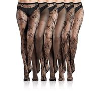 Ramede 6 Pairs Women Fishnet Thigh High Stockings Waist Tights Bow Patterned Lace Fishnet Leggings Pantyhose for Halloween, Floral Black, M