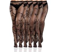 Ramede 6 Pairs Women Lace Tights Patterned Fishnet Thigh High Stockings Waist Bow Goth Leggings Tight Pantyhose for Halloween(Bat Black), Bat Black, One Size