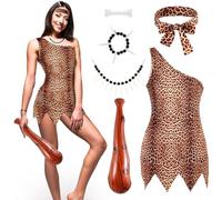 Ramede 6 Pcs Caveman Costume Set for Women Include Brown Adult Jungle Costume Headband Inflatable Cave Bat Fake Tooth Necklace Bracelet and Bone Hairpin for Halloween Prehistoric Cosplay