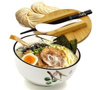 Ramen Bowl Ceramic Bowl Set - Instant Noodle Bowl with Lid Chopsticks Soup Spoon, Asian Tableware Pho Soup Bowls Salad Bowl Cereal Bowls Japanese Noodle Tableware Set (White_02)