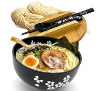 Ramen Bowl Ceramic Bowl Set - Instant Noodle Bowl with Lid Chopsticks Soup Spoon, Asian Tableware Pho Soup Bowls Salad Bowl Cereal Bowls Japanese Noodle Crockery Set Black