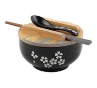 Ramen Bowl Set, Japanese Noodle Bowls with Lid and Spoon, Large Ceramic Soup Bowl, Hand Drawn Black Rice Bowl, Retro Style