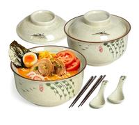 Ramen Bowl Set Japanese Ramen Bowl with Lid Vintage Ceramic Instant Soup Bowls Asian Tableware Spoon and Chopsticks - 800 ml, Branches