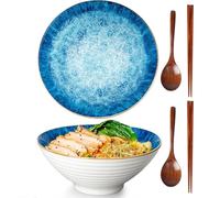 Ramen Bowls Set of 2, 1200ML Ceramic Ramen Bowls with Spoons and Chopsticks,Japanese Ramen Bowl,Soup Bowls,Porcelain Salad Bowls for soups, Salads, Rice Noodles