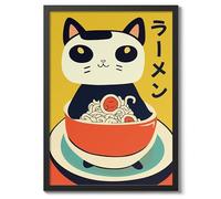 Ramen Cat Anime Woodblock Poster Modern Ukiyo-E, Cartoon Print, Japanese Illustration Wall Art Bedroom Home Decor, A5 (Black Frame) - 24.1x17.9cm
